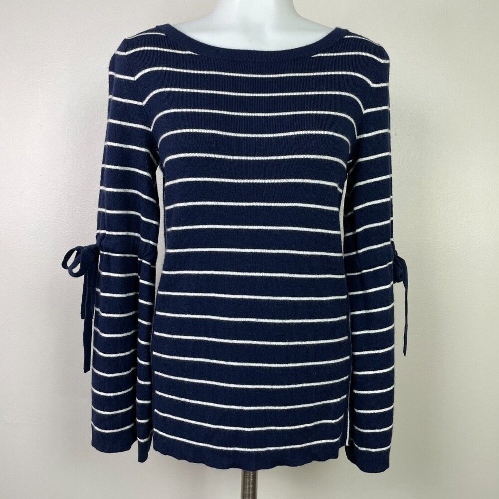 Banana Republic Sweater XS Navy Blue Striped Merino Wool Blend Flared Sleeve
